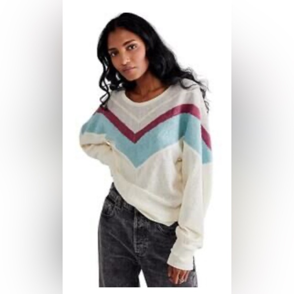 We The Free Free People Chevron Stripe Sweater | Cream Aqua Burgundy | Large - Picture 1 of 4